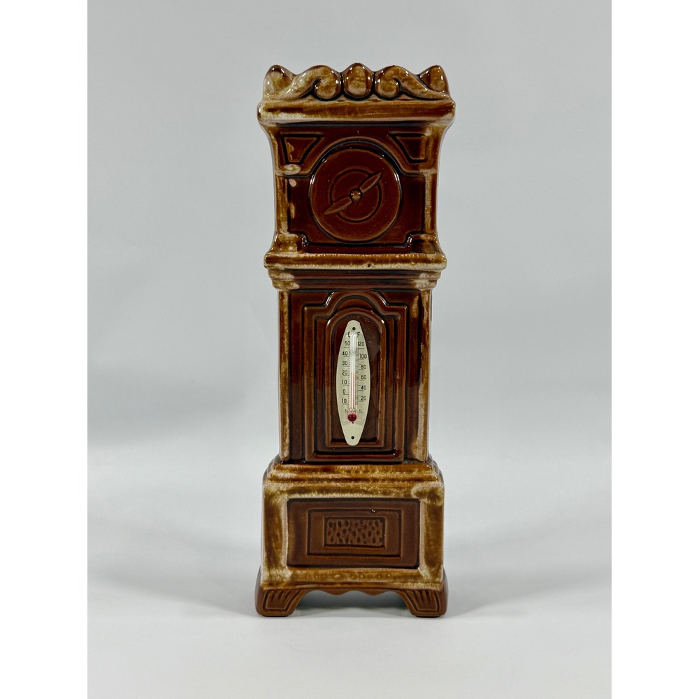 VTG Grandfather Clock Thermometer Ceramic Brown Drip Glaze Japan MCM Home Decor